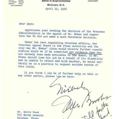 Letter to David Read from Jack Brooks April 12, 1956