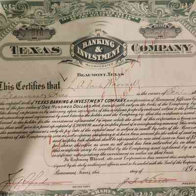 Texas Banking & Investment Company Captial Stock issued to L A Van Warmer - $100