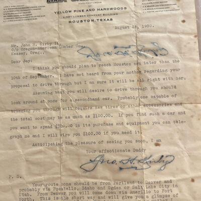 Letter to John Henry Kirby II (Jay) from John H Kirby dated August 22, 1930