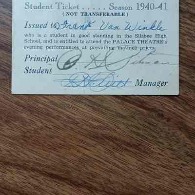 Student Ticket issued to Frank Van Winkle, student in good standing at Silsbee High School to attend Palace Theatre's evening performances at prevailing matinee prices for Season 1940-1941