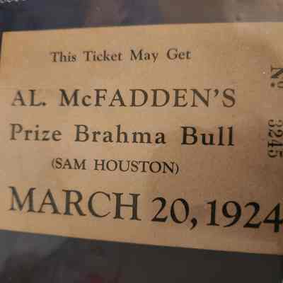 Raffle Ticket for Prize Brahma Bull March 20,1924 with General Sam Houston Monument on back