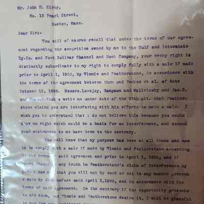 Letter to John H Kirby from A H Pierce March 1, 1900