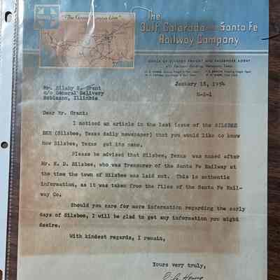 Letter that was carbon copied to the Silsbee Bee dated January 18, 1954 from O. G. Honig discussing how Silsbee got it's name