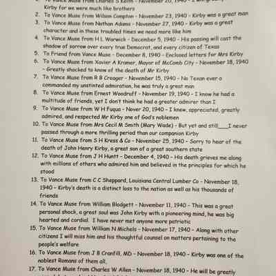John Henry Kirby Death Condolence Letter Index