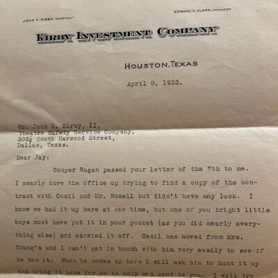Letter to John H Kirby II from Marguerite Dennis dated April 8, 1933
