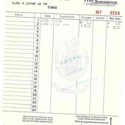 Penn Sherwood Hotel Receipt July 24, 1954 for David & Helen Read