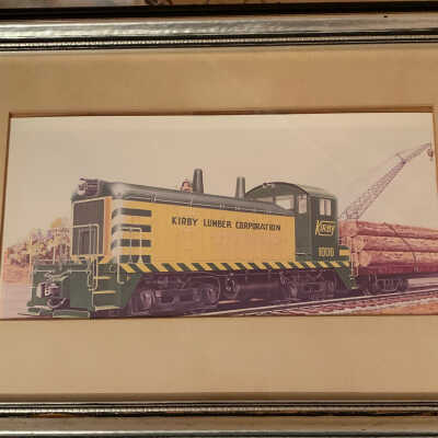 Framed Photo of a Yellow Kirby Lumber Corporation Locomotive