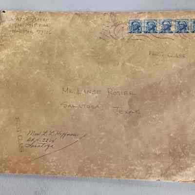 Envelope dated 1967 from Barry Moore, Houston TX to Lance Rosier, Saratoga Tx, no letter with envelope