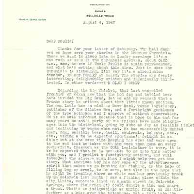 Letter to Paulie Franks from Franz Zeiske, Editor The Bellville Times August 4, 1947 - David Read Materials