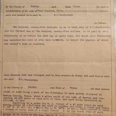 Warranty Deed from Mary Matilda Pierce to R L Weathersby dated January 20, 1908 for tract of land in Newton Co, Texas