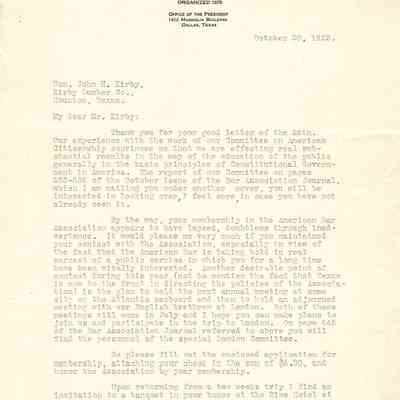Letter to John H Kirby from REL Saner, President of the American Bar Association dated October 20, 1923