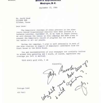 Letter to David Read from Jack Brooks September 15, 1964