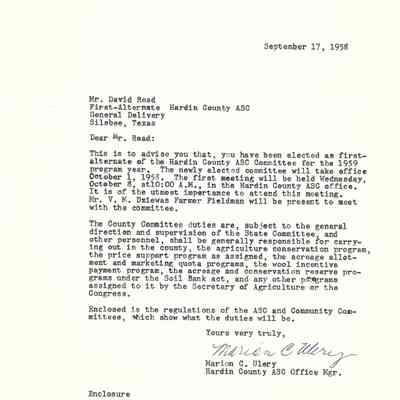 Letter to David Read from Marion C Ulery Hardin Co ASC Office September 17, 1958