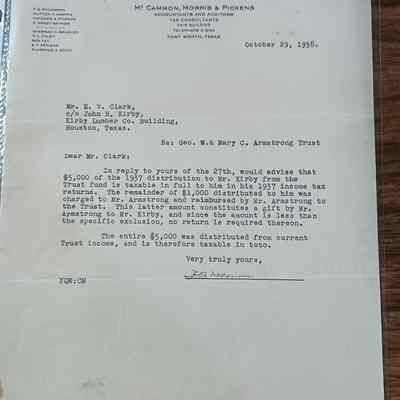 Letter to Mr. E. V. Clark c/o John H. Kirby dated October 29, 1938 from McCammon at McCammon, Morris & Pickens discussing 1937 distribution to Mr. Kirby and gift from Mr. Armstrong