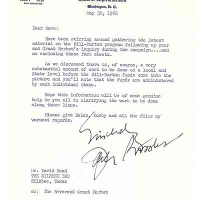 Letter to David Read from Jack Brooks May 30, 1962