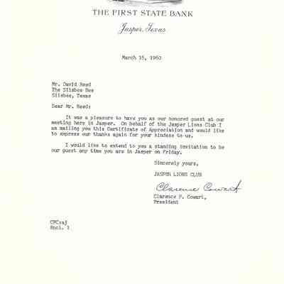 Letter to David Read from Clarence P Cowart March 16, 1960