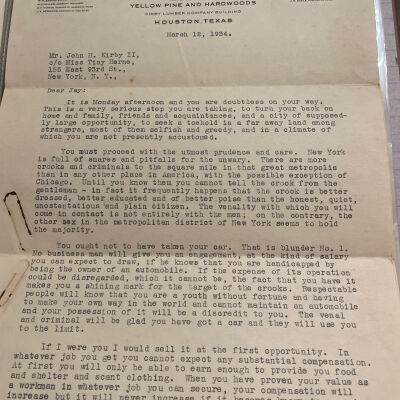 Letter to John H Kirby II (Jay) from John Henry Kirby dated March 12, 1934