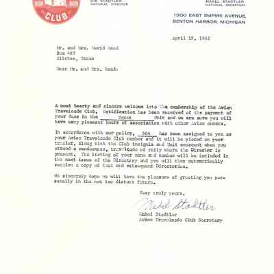 Letter to David Read from Mabel Stadtler of Avion Travelcade Club April 15, 1962
