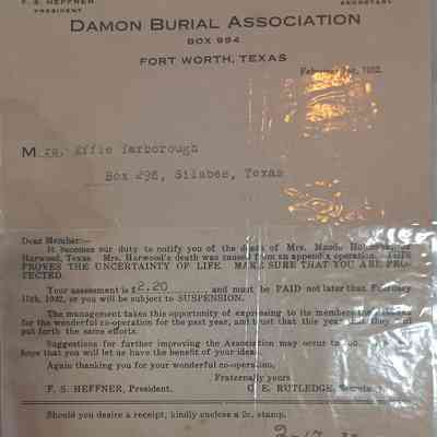 Letter to Effie Yarborough dated February 1, 1932 from Damian Birial Association regarding the death of Mrs Maude Holbrook