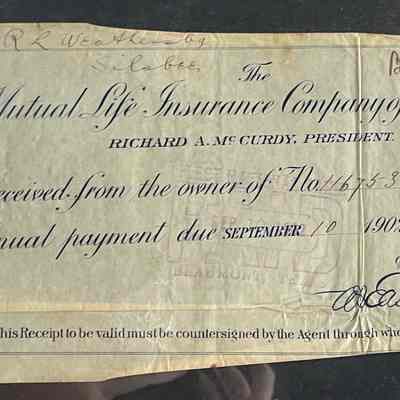 Receipt from the Mutual Life Insurance Co of New York for Premiums paid Septermber 10, 1902