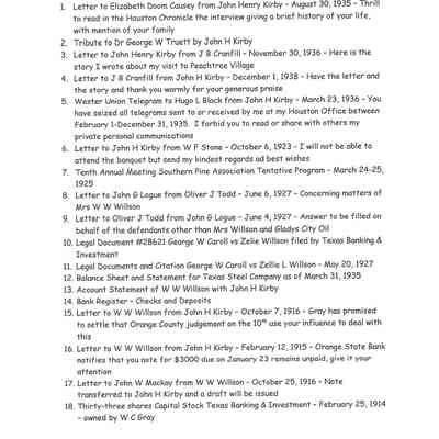 Various Memorabilia, Letters, and Legal Documents Index