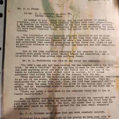 Letter to D O Stone regarding "Old Town Cemetary" from unknown author dated November 14, 1951