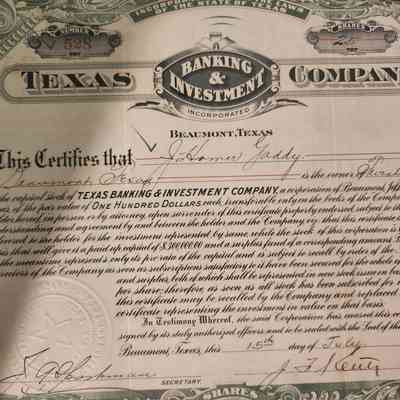 Texas Banking & Investment Company Capital Stock issued to J Homer Gaddy - $100