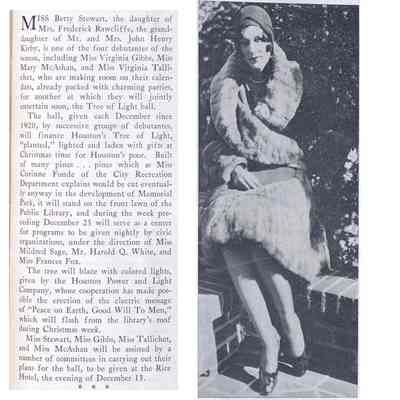 Newspaper article about Betty Stewart, granddaughter of John Henry Kirby, at Tree of Light Ball in Houston Texas