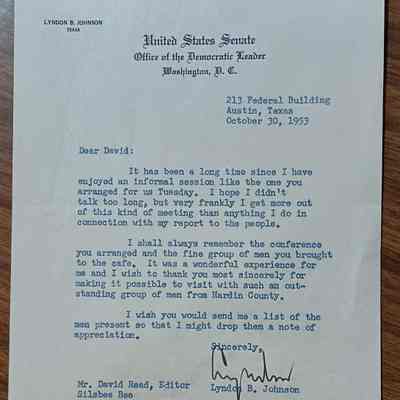 Letter to David Read from Lyndon B Johnson dated October 30, 1953