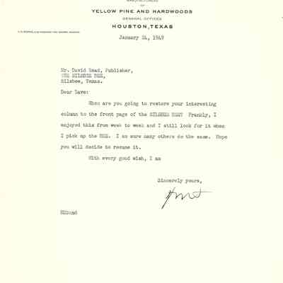 Letter to David Read from H M Seaman Kirby Lumber Corp January 29, 1949