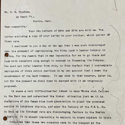Letter to Nathaniel Silsbee from John H Kirby dated March 1, 1898 concerning capitalizing Kirby Lumber Co