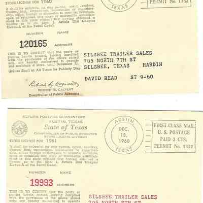 Trailer License Numbers 1960 and 1961 for David Read