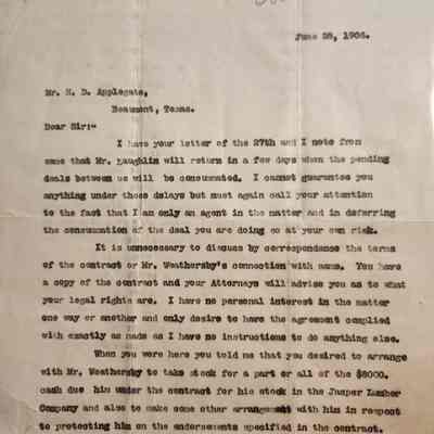 Letter from John Henry Kirby to H D Applegate dated June 28,1906