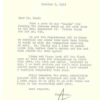 Letter to David Read from Ann Sutton Leeder October 2, 1953