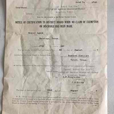 Notice of Certification to District Board for Lance Rosier dated August 22, 1917 denoting his call for military service
