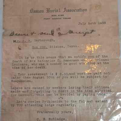 Letter to AW Yarborough dated July 26, 1933 from Damian Burial Association regarding the death of Mrs Katherine C Ammerman