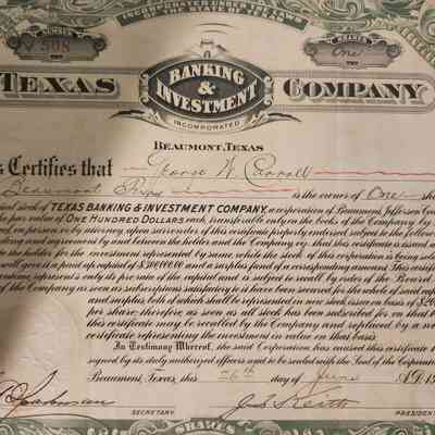 Texas Banking & Investment Company Capital Stock issued to George W Carroll - $100