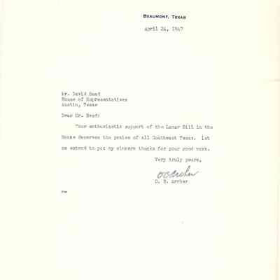 Letter to David Read from O B Archer April 24, 1947