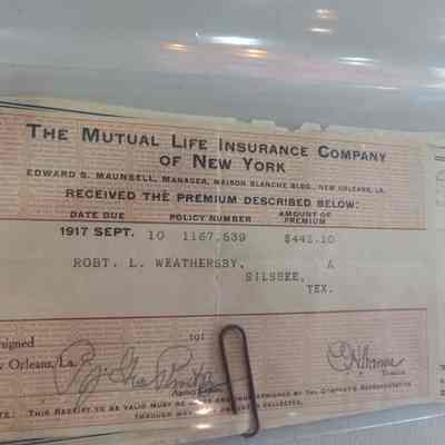 Mutual Life Insurance Co Receipts for Robert L Weathersby September, 1907-1917