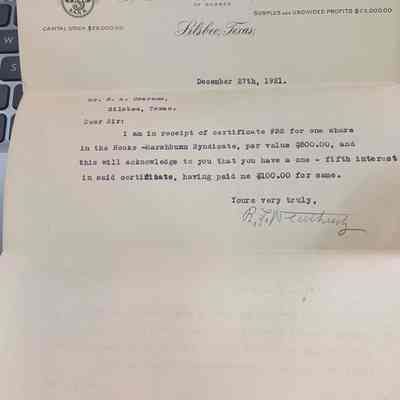 Letter from R.L. Weathersby dated December 27, 1921 to N.A. Cravens from Silsbee State Bank in receipt of certificate