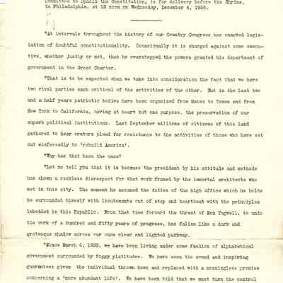 Press Release for John H Kirby Speech to The Shrine, Philadelphia, Pa - December 4, 1935