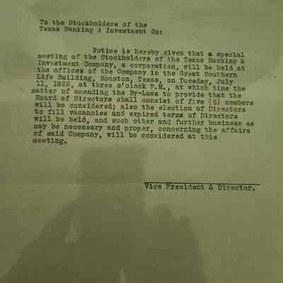 Letter to Stockholders of Texas Banking & Investment from Vice President, John H Kirby, dated July 5, 1922 concerning a special called meeting