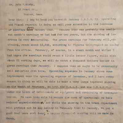 Letter from H B Spangler of Gulf & Inter State R'Y Co to John Henry Kirby dated March 10, 1900 concerning operating and fiscal reports