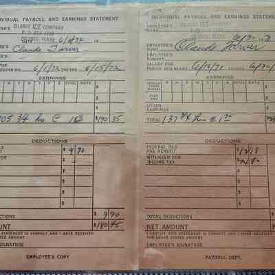 Silsbee Ice Company Payroll Stubs for Claude Tarver