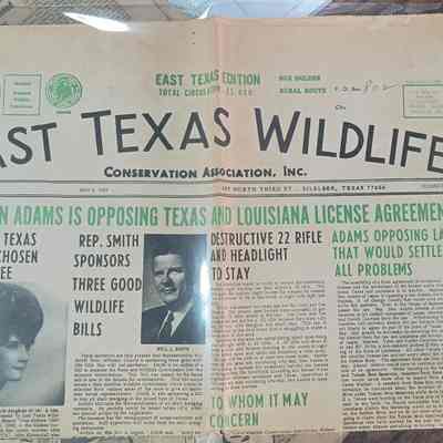 East Texas Wildlife newspaper dated May 8, 1969 with headline "Rep. Don Adams is Opposing Texas and Louisiana License Agreement"