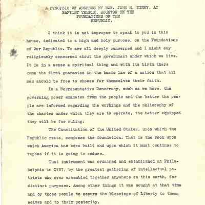 Synopsis of Address by John H Kirby at Baptist Temple, Houston on "The Foundation of the Republic"