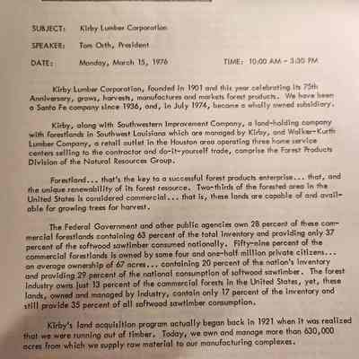 Kirby Lumber Corp Speech at Santa Fe Security Analysts Tour March 15, 1976 by Tom Orth, President