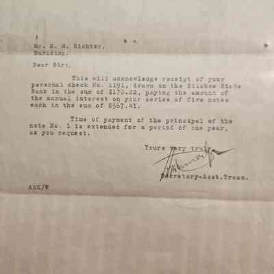 Letter to H M Richter from Southwestern Settlement & Deveopment - receipt for check paying annual interst on 5 notes dated April 4, 1922