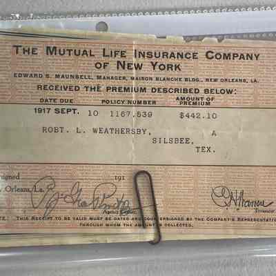 Receipts to Robert L Weathersby from The Mutual Life Insurance Co of New York for premium payment
