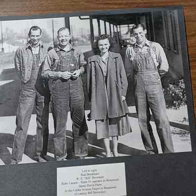 COPY of photo - Burl Bradshaw, WE "Bill" Brownlee, Ruby Lacaze, James David Paine, at the Calder Avenue Depot in Beaumont